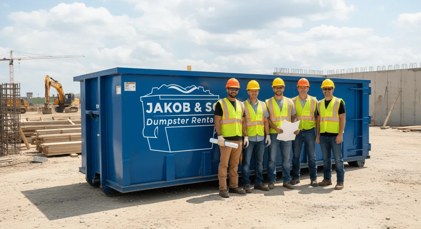 Meet the Jakob & Sons Dumpster Rental Team - Flint, MI The Jakob & Sons Dumpster Rental team talking through a job near the company yard in Flint